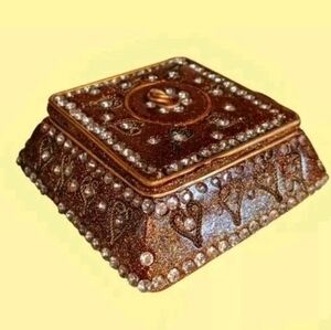 VTG GOLD MOSAIC JEWELED TRINKET SQUARE Keepsake Box Shiny Glittery Ceramic w/Lid